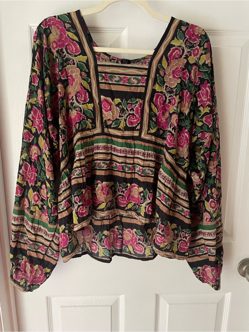 Silk/Cotton Blend Floral Long-Sleeve Peasant Top